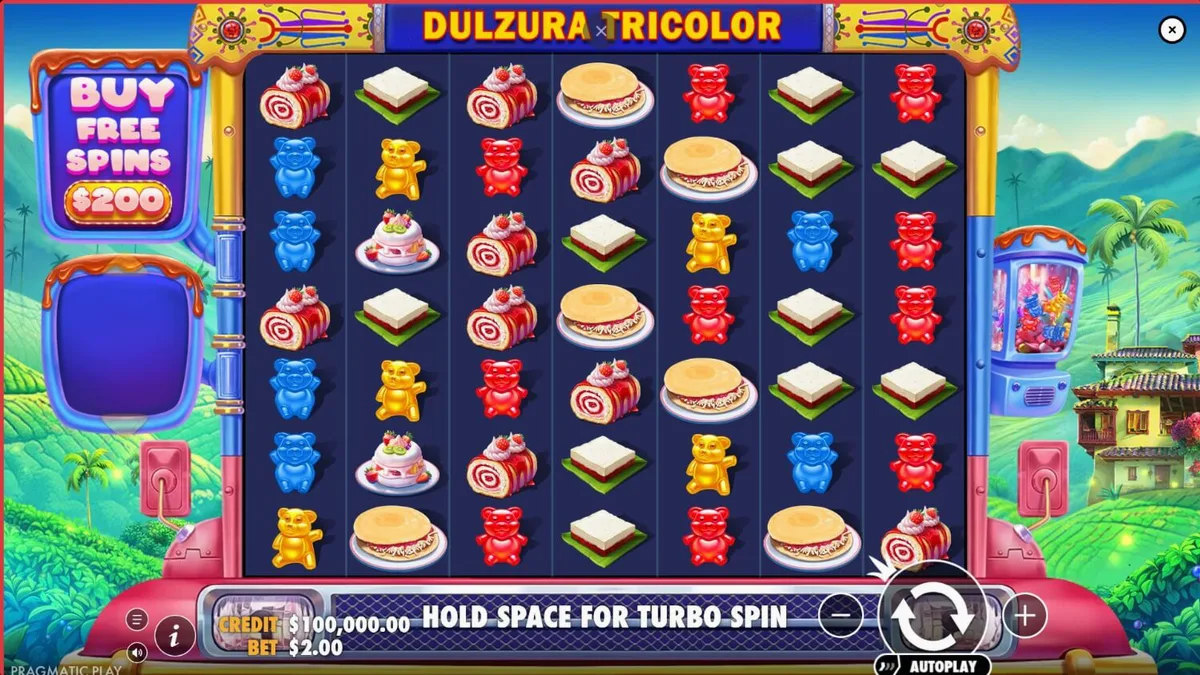 Tampilan visual slot Dulzura Tricolor dengan latar belakang pemandangan Kolombia yang cerah