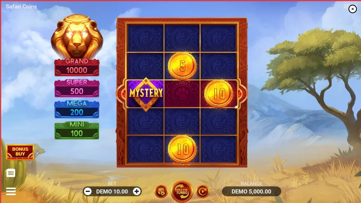 Pemandangan savana Afrika yang megah dengan simbol koin emas dalam slot Safari Coins