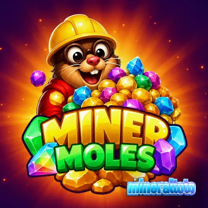 Tampilan visual slot Miner Moles dengan tema pertambangan kartun dan grid 6x6.